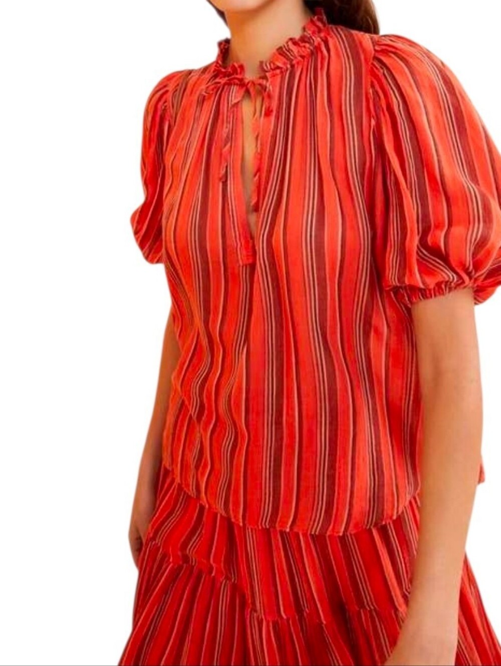 Ulla Johnson Oona  Red Striped Ruffle-Tie Puff Sleeve Blouse Size 2